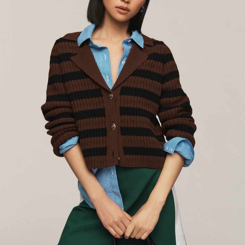 Anthropologie Maeve Greta Polo Cardigan Sweater Brown Black Stripe Nwt